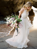 Beach Open Back Boho Wedding Dresses Court Train A-Line Sleeveless Halter Chiffon With Solid Color