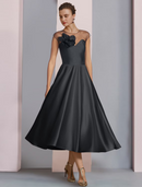 A-Line Mother of the Bride Dress Wedding Guest Party Elegant Scoop Neck Tea Length Satin Half Sleeve with Pleats Flower