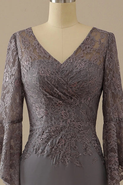 Mother of Bride Dress V Neck Lace Long Sleeves