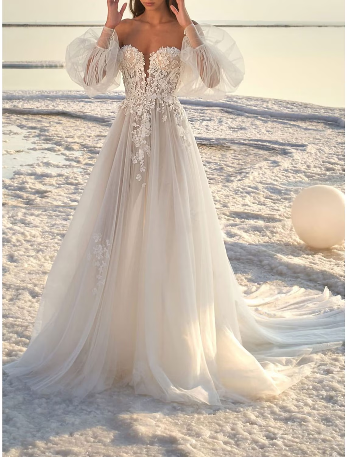 Beach Formal Wedding Dresses Court Train A-Line Long Sleeve One Shoulder Lace With Appliques