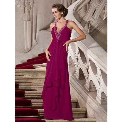 A-Line Celebrity Style Dress Formal Evening Floor Length Sleeveless Plunging Neck Chiffon with Beading