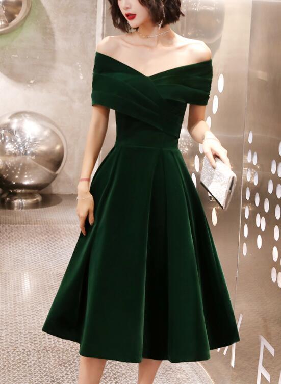 Green Velvet Off Shoulder Vintage Style Bridesmaid Dress, Tea Length Party Dress