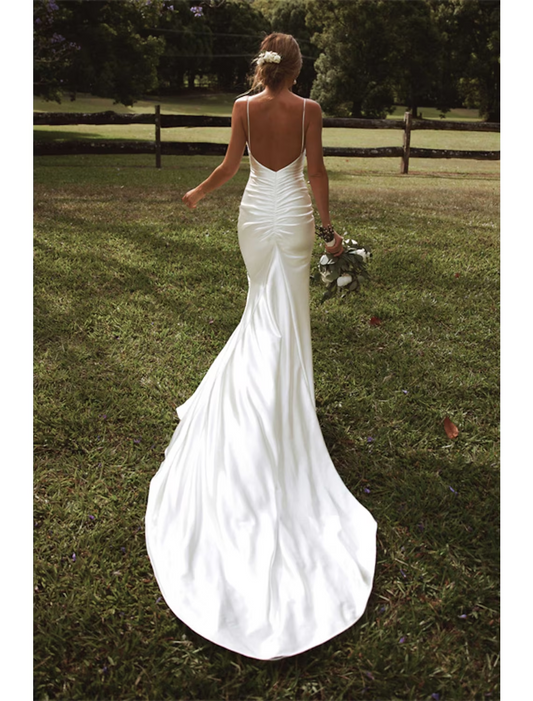 Hall Casual Wedding Dresses Court Train Mermaid / Trumpet Sleeveless Spaghetti Strap Jewel Neck Satin With Ruched Split Front