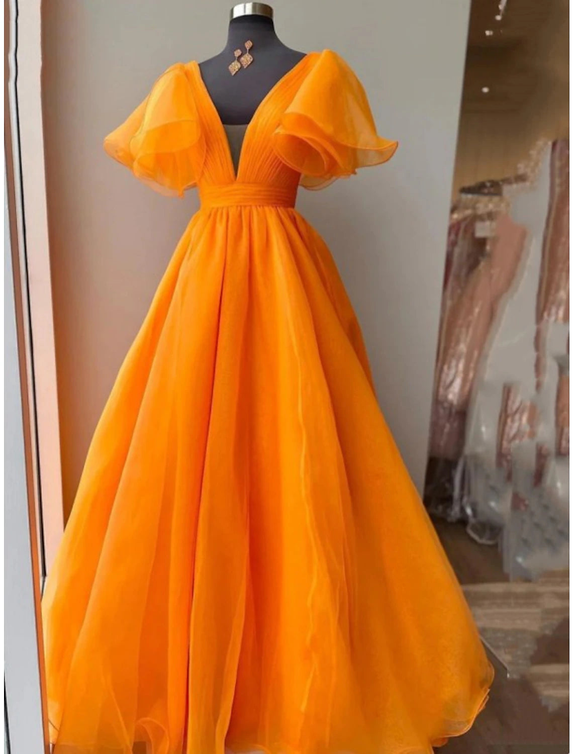 Ball Gown Evening Gown Celebrity Style Dress Wedding Party Floor Length Short Sleeve V Neck Fall Wedding Guest Organza with Pleats Ruffles