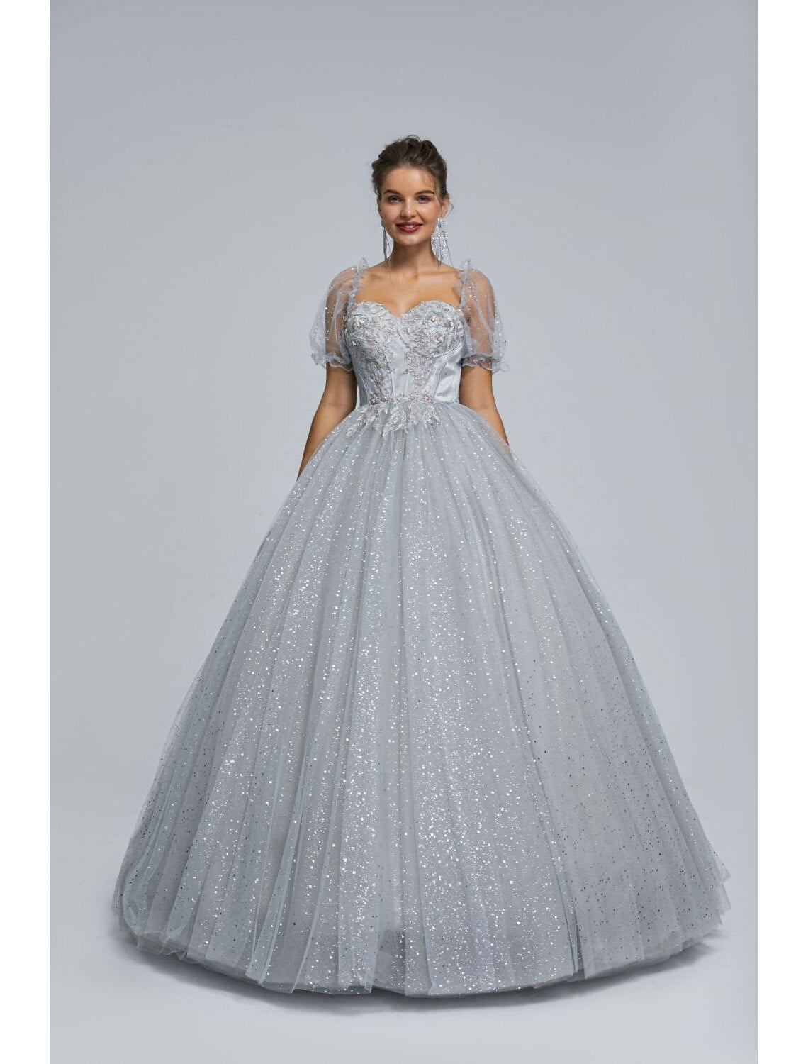 Ball Gown Prom Dresses Princess Dress Graduation Floor Length Short Sleeve Sweetheart Tulle with Sequin Appliques