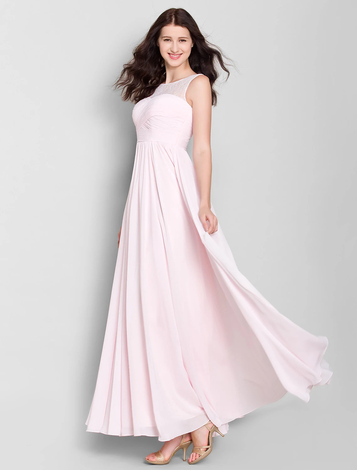 A-Line Scoop Neck Ankle Length Chiffon Bridesmaid Dress with Lace / Criss Cross