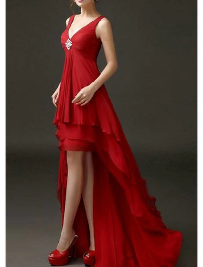 A-Line Evening Gown Hot Dress Engagement Formal Evening Asymmetrical Short Sleeve V Neck Chiffon with Crystals Tiered