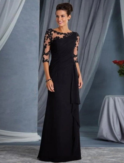 Sheath Black Dress Plus Size Evening Gown Elegant Dress Formal Evening Floor Length Half Sleeve Jewel Neck Fall Wedding Guest Lace with Appliques