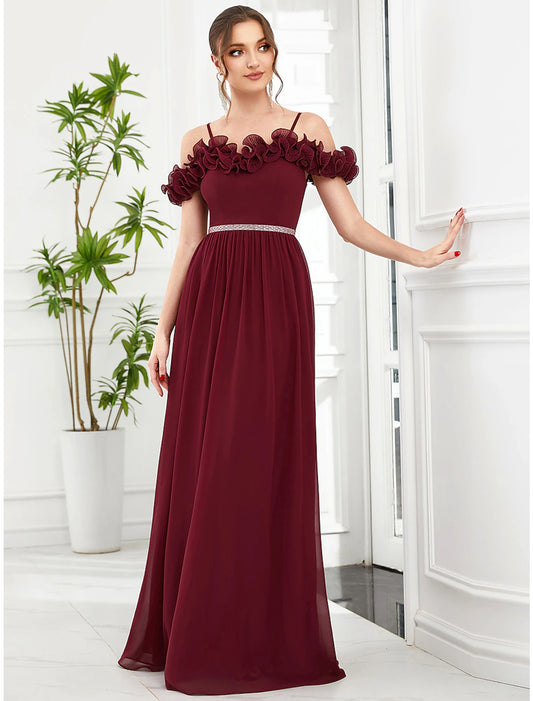 A-Line Prom Dresses Vintage Dress Wedding Guest Birthday Floor Length Sleeveless Off Shoulder Bridesmaid Dress Chiffon with Appliques Shouder Flower