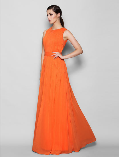 A-Line Bridesmaid Dress Jewel Neck Sleeveless Elegant Floor Length Chiffon with Criss Cross