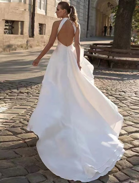 Hall Open Back Casual Wedding Dresses Chapel Train A-Line Sleeveless Halter Satin With Solid Color