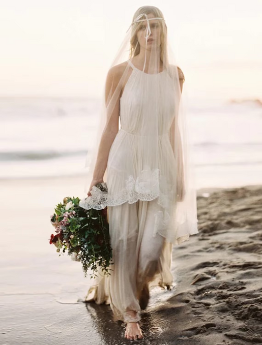 Beach Open Back Boho Wedding Dresses Court Train A-Line Sleeveless Halter Chiffon With Solid Color