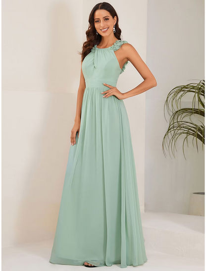 A-Line Wedding Guest Dresses Elegant Dress Formal Floor Length Sleeveless Jewel Neck Chiffon with Pleats Flower Bridesmaid Dresses