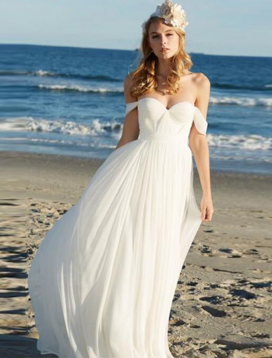 Beach Sexy Boho Wedding Dresses Floor Length A-Line Sleeveless Off Shoulder Chiffon With Pleats Solid Color