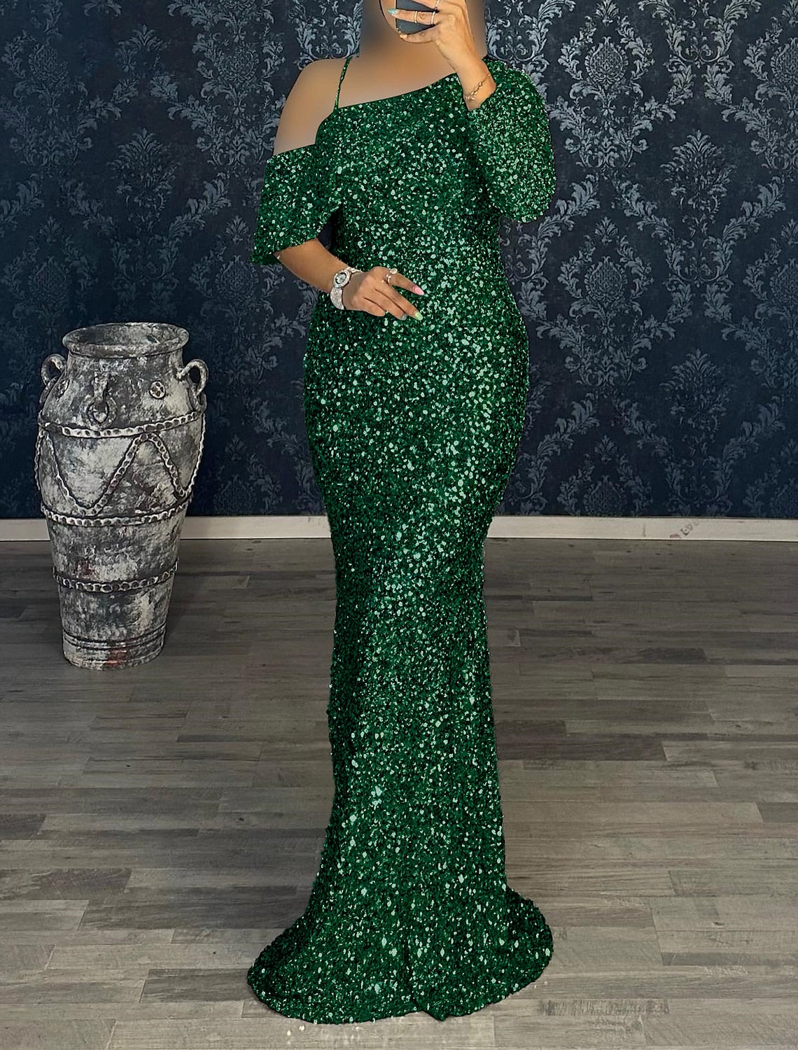 Mermaid Dress Evening Gown Christmas Red Green Dress Cocktail Party Sweep / Brush Train Long Sleeve One Shoulder Sequined with Sequin