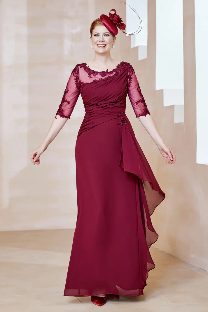 Fall November December Wedding Guest Dress Scoop Neckline Pleated Lace Chiffon Gown Mother of the Groom/Bride Dresses