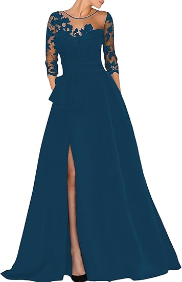 A-Line Jewel Neck Sleeve Beading Slit Split Fork Appliques Evening Dress Elegant Fall Wedding Guest Dress