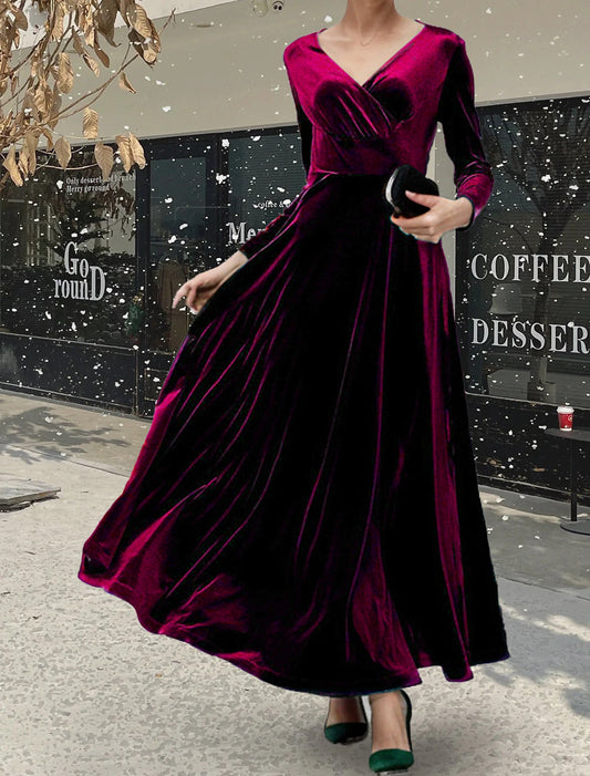 Christmas Fall Winter Velvet Dress Party Dress Velvet Ruched V Neck Long Sleeve Elegant Winter Dress