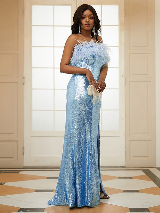 Sheath / Column Prom Dresses Plus Size Dress Wedding Guest Sweep / Brush Train Sleeveless Strapless Sequined with Feather Slit