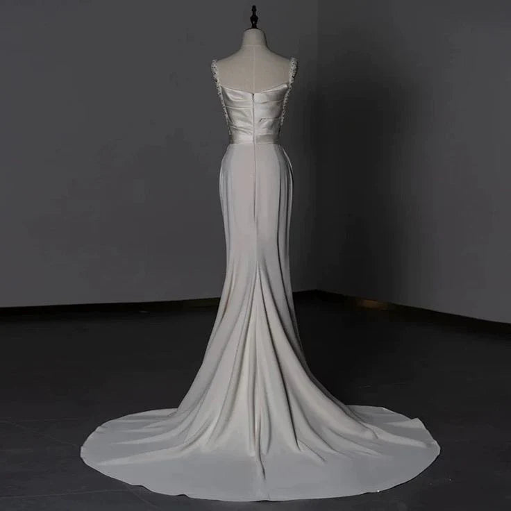 Wedding Dress Sheath Long Satin Beadwork Ruched Fashion Elegant Formal Dresses