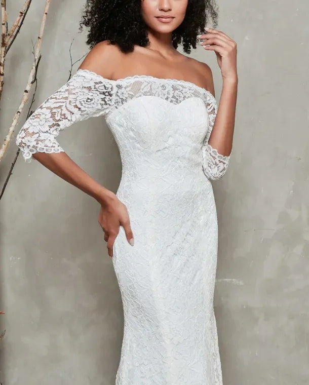 Fall November December New Pattern Wedding Dress Off Shoulder Lace Up Back Half Sleeve Dress