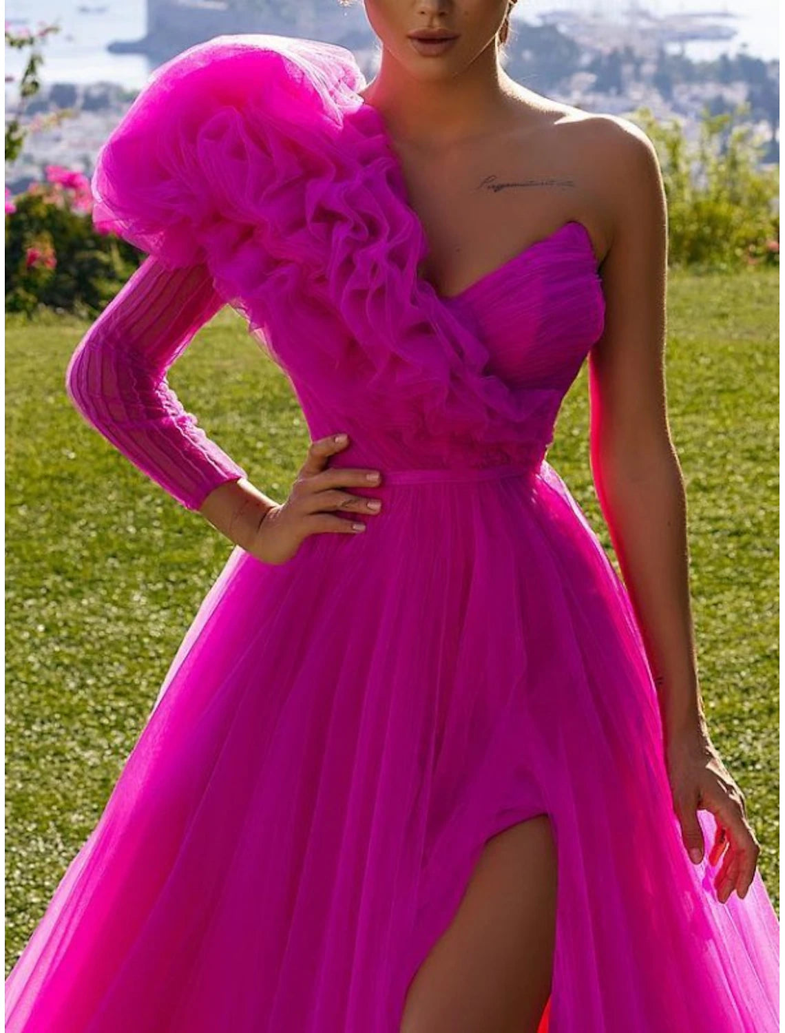 Elegant Dress Long Sleeve One Shoulder Tulle Prom Dresses Ruffles Slit Fall November December Wedding Guest Dress