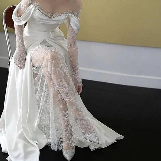 Wedding Dress A Line Lace Long Sleeves Satin Long Formal Dresses