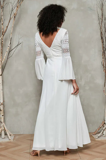 Fall November December New Pattern Wedding Dress V Neck Long Sleeves Chiffon Simple Dress