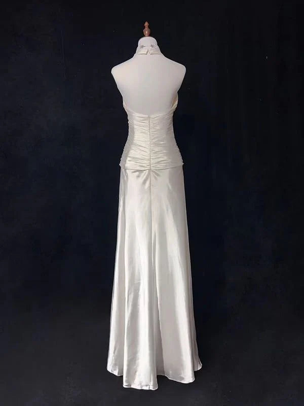 Wedding Dress A Line V Neck Halter Satin Ruched Long Fashion Personality Formal Dresses