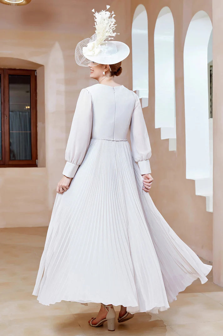 Fall November December Wedding Guest Dress V-Neck Long Sleeves Pleated Long Dress Mother of the Groom/Bride Dresses