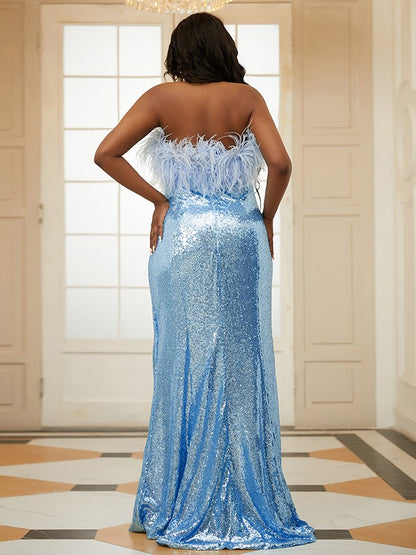 Sheath / Column Prom Dresses Plus Size Dress Wedding Guest Sweep / Brush Train Sleeveless Strapless Sequined with Feather Slit