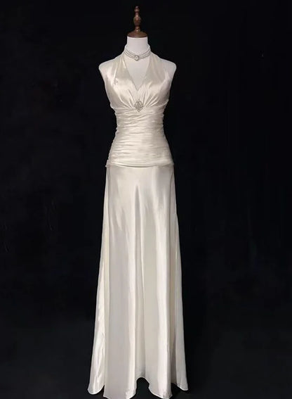 Wedding Dress A Line V Neck Halter Satin Ruched Long Fashion Personality Formal Dresses