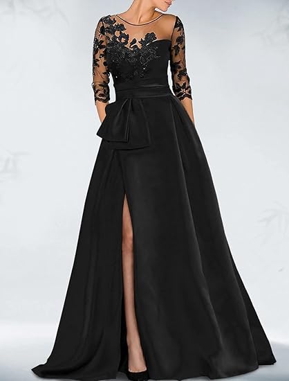 A-Line Jewel Neck Sleeve Beading Slit Split Fork Appliques Evening Dress Elegant Fall Wedding Guest Dress