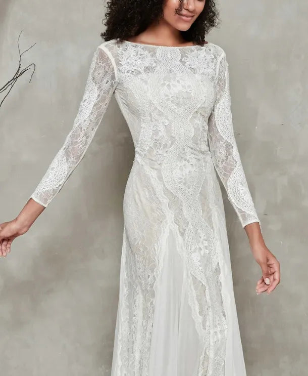 Fall November December New Pattern Wedding Dress Lace Chiffon Splicing Long Sleeves Dress