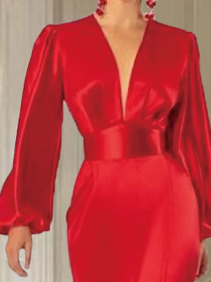 Christmas Party Dress Red Deep V Neck Long Sleeves Satin Waist Atmosphere Dress