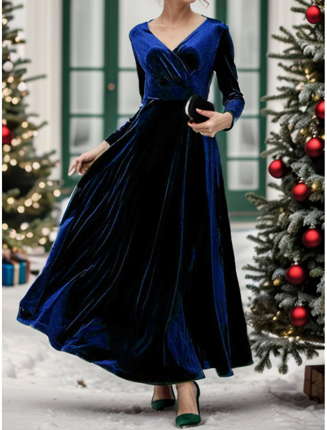 Christmas Fall Winter Velvet Dress Party Dress Velvet Ruched V Neck Long Sleeve Elegant Winter Dress