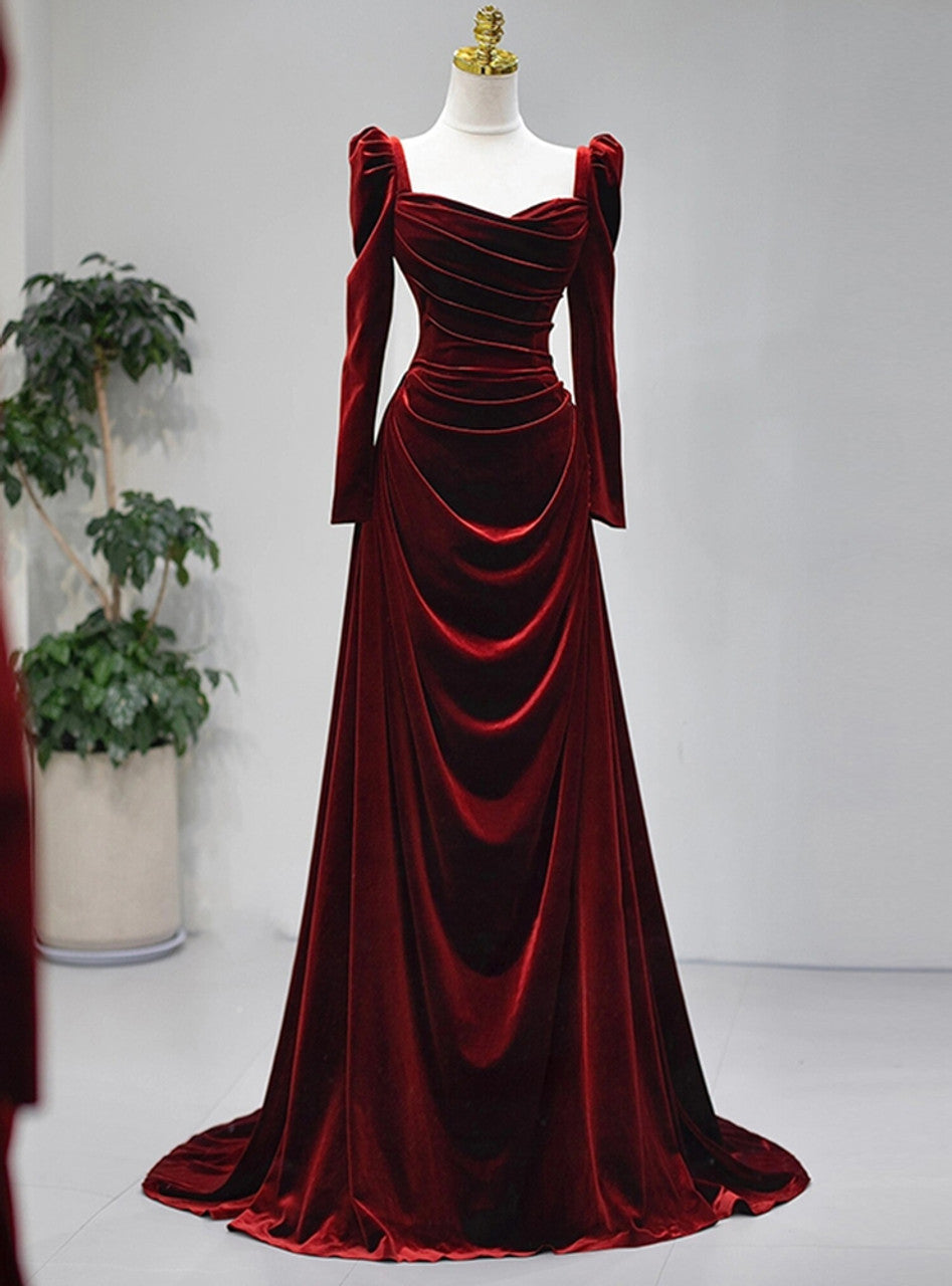 Autumn Winter Velvet Elegant Dress Long Sleeve Pleats Square Neck Gorgeous Evening Dress