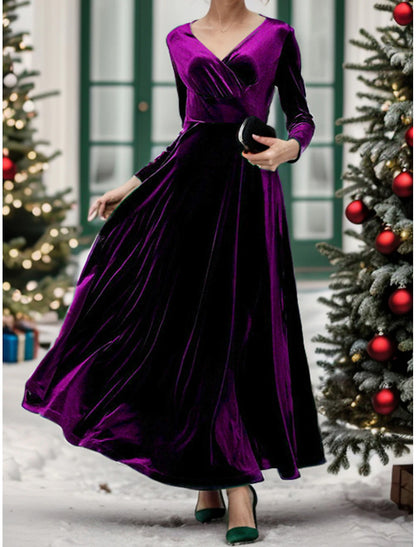 Christmas Fall Winter Velvet Dress Party Dress Velvet Ruched V Neck Long Sleeve Elegant Winter Dress