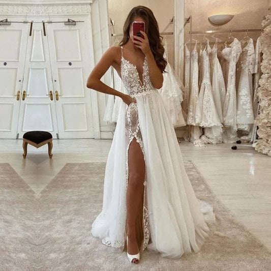 Wedding Dress Boho Slit Lace Appliques Long Sleeve Mermaid Bridal Dresses for Wedding Formal Women's Dresses