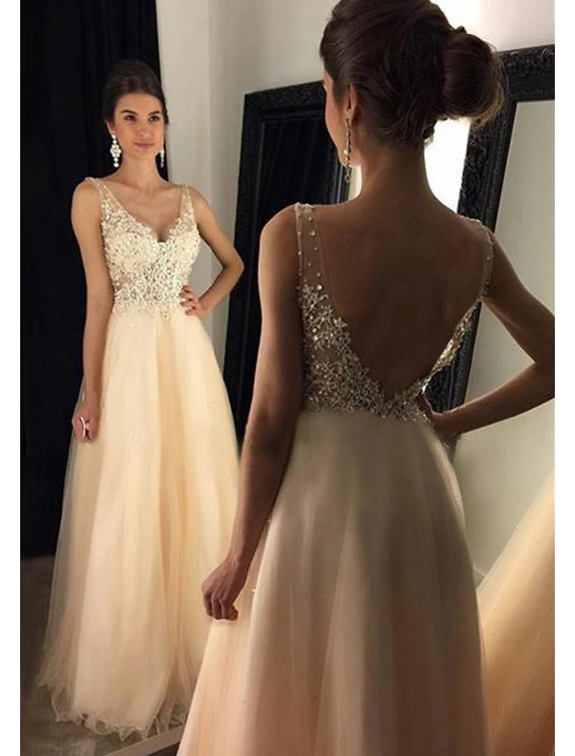 A-Line Prom Dresses Sparkle & Shine Dress Formal Wedding Guest Floor Length Sleeveless V Neck Tulle V Back with Beading Appliques