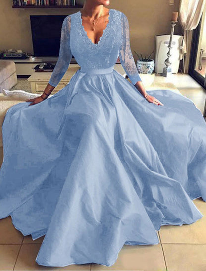 A-Line Evening Gown Floral Dress Party Wear Formal Evening Floor Length Long Sleeve V Neck Tulle with Pleats Appliques