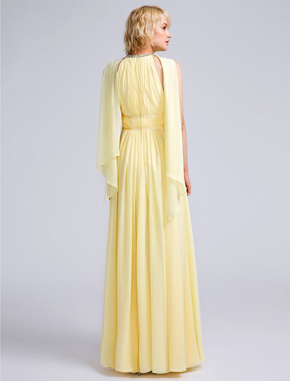 A-Line Bridesmaid Dress Jewel Neck Sleeveless Elegant Floor Length Chiffon with Beading / Draping