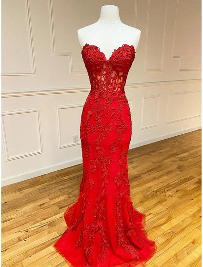 Mermaid / Trumpet Glittering Dress Sleeveless Strapless Lace Backless Prom Dresses with Appliques Fall November December Wedding Guest Dress