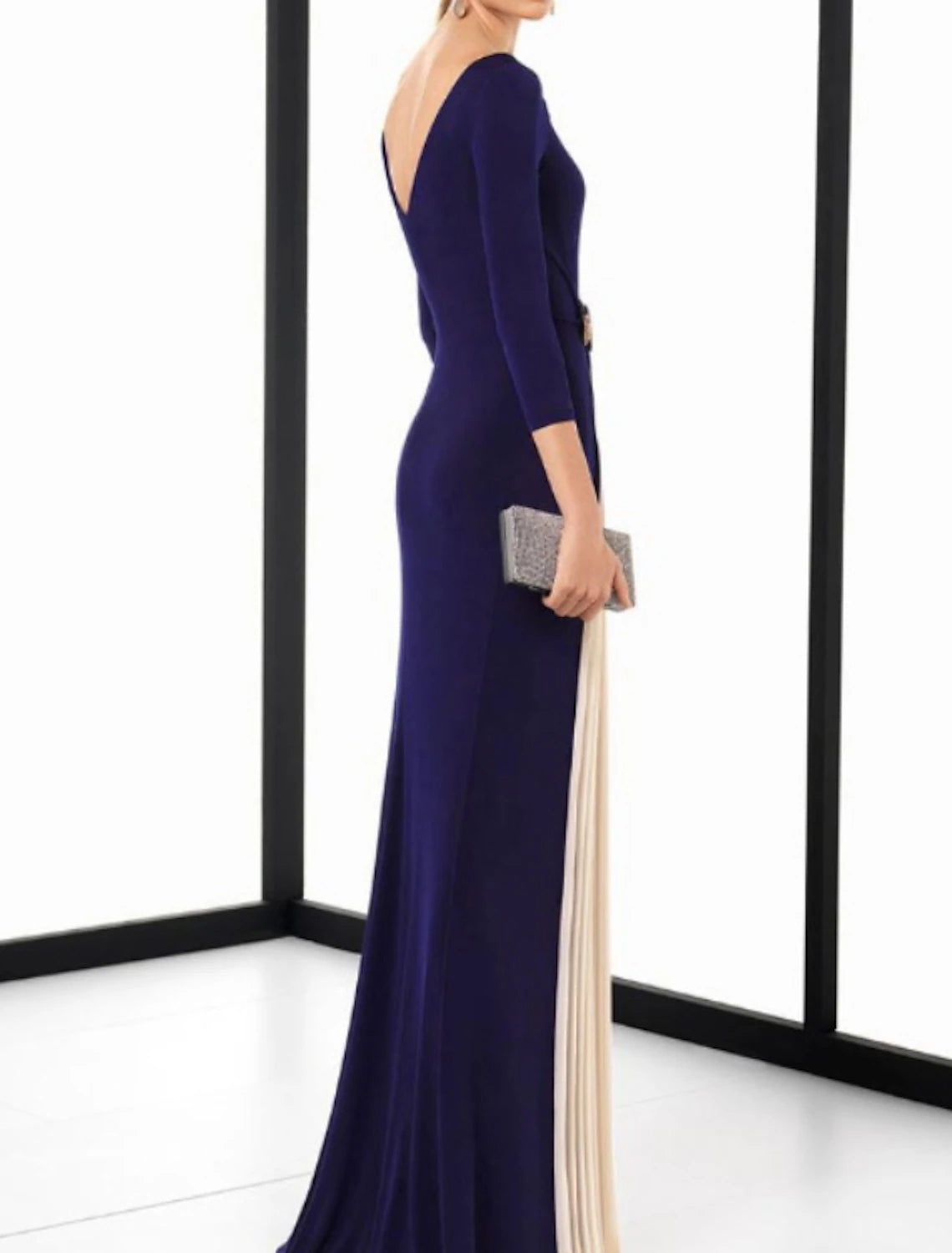 Sheath / Column Minimalist Elegant Wedding Guest Formal Evening Dress Jewel Neck 3/4 Length Sleeve Sweep / Brush Train Spandex with Sash / Ribbon Pleats