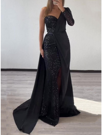 Sheath / Column Evening Gown Party Dress Formal Sweep / Brush Train Long Sleeve One Shoulder Sequined with Glitter Slit