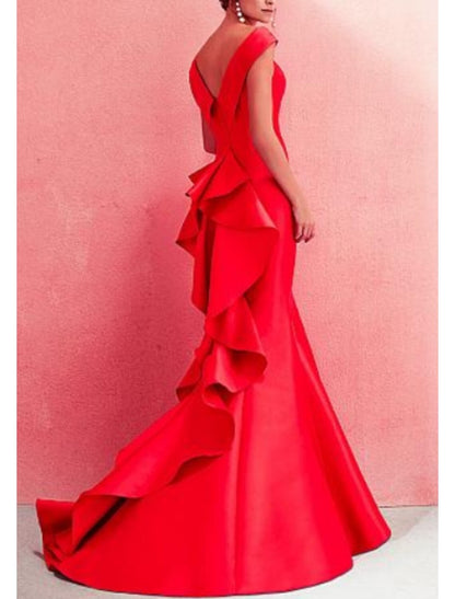 Mermaid / Trumpet Beautiful Back Engagement Formal Evening Dress Off Shoulder Short Sleeve Floor Length Satin with Ruffles Draping