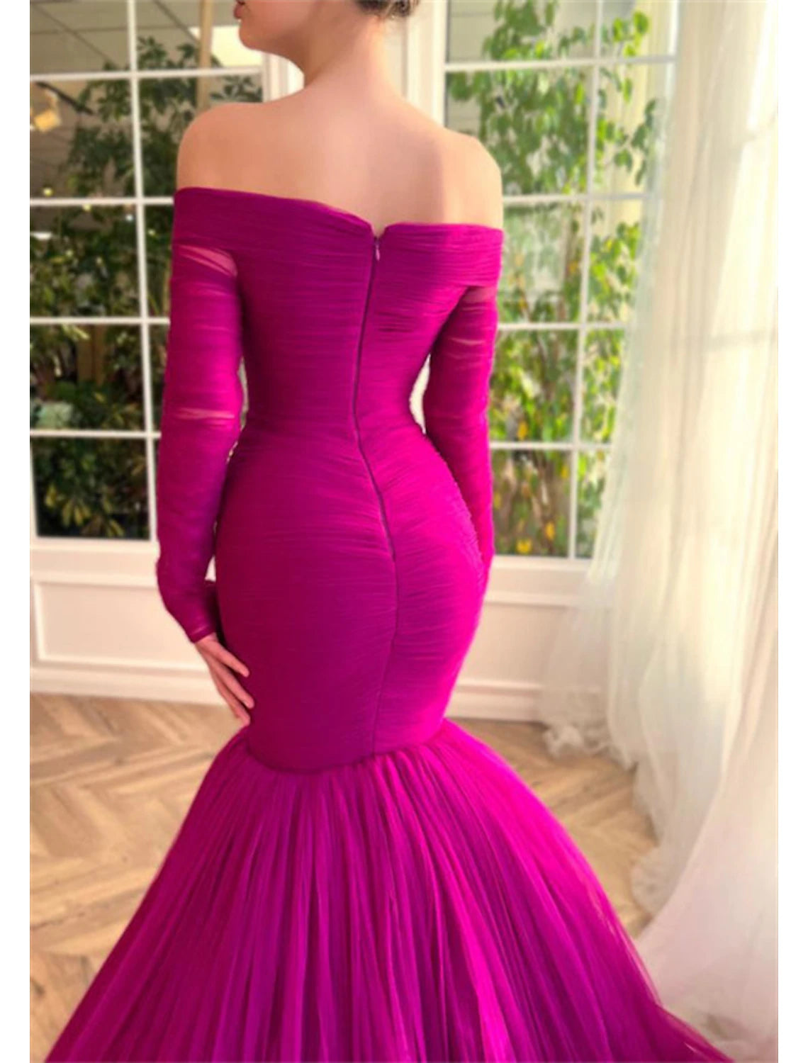 Mermaid Christmas Red Green Dress Evening Gown Elegant Dress Wedding Guest Wedding Party Court Train Long Sleeve Off Shoulder Tulle with Ruched