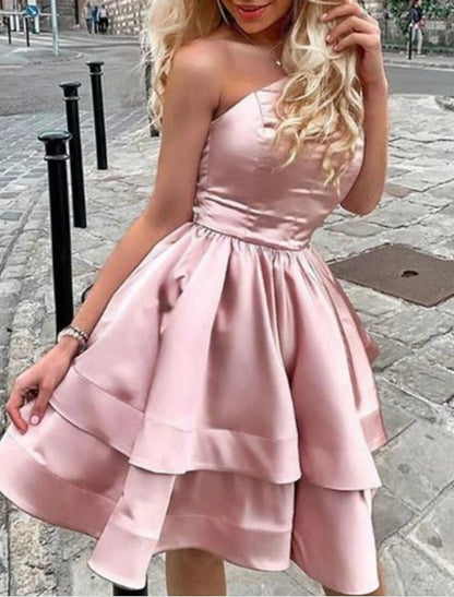 A-Line Satin Mini Homecoming Dress One Shoulder Minimalist Cocktail Party Dress Dress Sleeveless Short / Mini With Tier