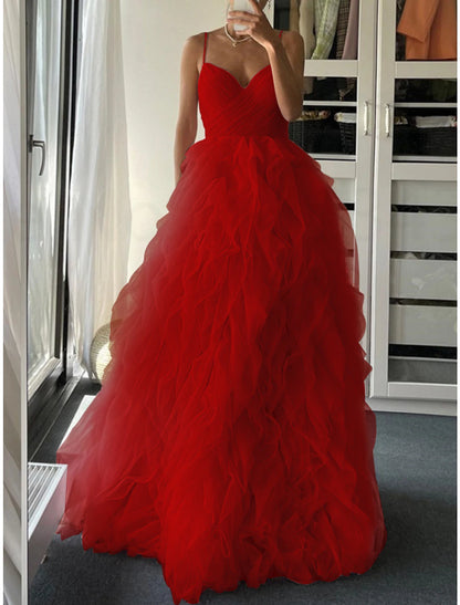 A-Line Prom Dresses Elegant Dress Formal Floor Length Sleeveless Spaghetti Strap Tulle with Pleats Ruffles