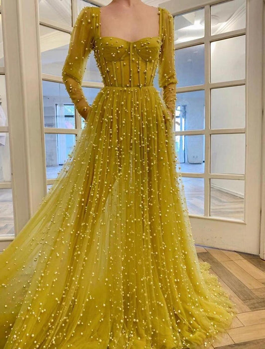 A-Line Prom Dresses Vintage Dress Wedding Guest Prom Sweep / Brush Train Long Sleeve Square Neck Tulle with Beading Pure Color